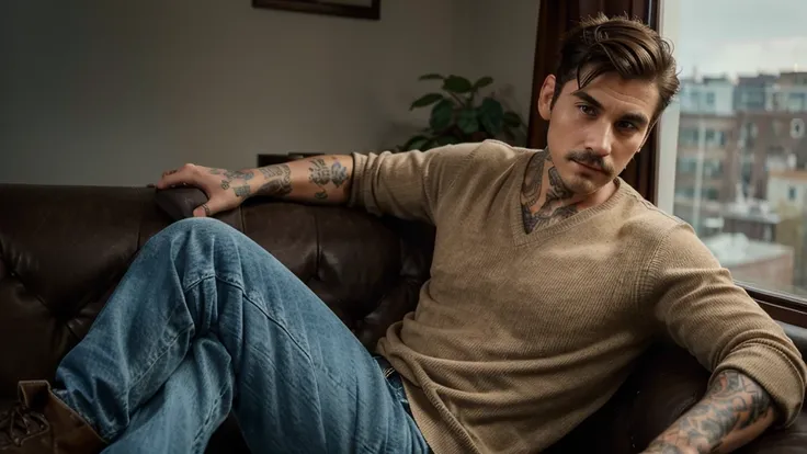 man, 32 years old, dark brown hair, side parted hairstyle with shaved sides, thin mustache, tattoo on right arm and neck, wears light blue denim shirt, beige sweater, burgundy corduroy pants, dark brown suede boots