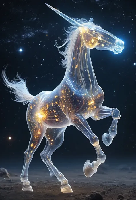 Horses in space、Has one long horn、The body is translucent and see-through、Break、Light comes out from the four legs、The body is glowing、How it was issued、There are lots of stars all around