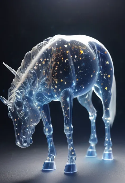 Horses in space、Has one long horn、The body is translucent and see-through、Break、Light comes out from the four legs、The body is glowing、How it was issued、There are lots of stars all around