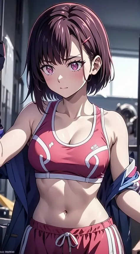 (masterpiece, best quality), intricate details, shizukazom100, 1girl, dark purple hair, short hair, bangs, purple eyes, hair ornament, hairclip, medium breasts, tank top, navel, cleavage, midriff, collarbone, shorts, pink shorts, dynamic pose, cowboy shot,...