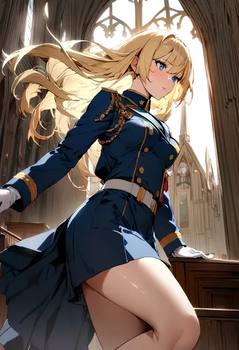 1girl, blue military uniform, blond hair, church background