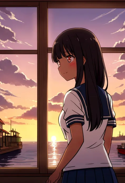 Highest quality、high resolution、Detailed Description、Detailed Background、Accurate depiction、Kantai Collection、animeスタイル、anime、Four Girls、More than one person、元気なFour Girls、Dark Skin、Sailor suit、Naval Base、Chat、chatting、Black Short Hair、Big eyes、cute、Sunset...