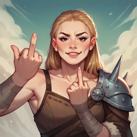 I want a selfie of a beautiful cat with a very attractive and majestic Asian warrior, a Viking warrior, making a cursing gesture with her middle finger, in high quality, in realistic style.