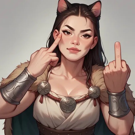 I want a selfie of a beautiful cat with a very attractive and majestic Asian warrior, a Viking warrior, making a cursing gesture with her middle finger, in high quality, in realistic style.