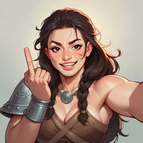 I want a selfie of a beautiful cat with a very attractive and majestic Asian warrior, a Viking warrior, making a cursing gesture with her middle finger, in high quality, in realistic style.