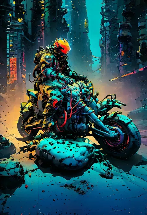 detailed cyberpunk motorcycle, futuristic motorcycle, riding on the road, motorcycle from behind view, 1 person riding motorcycl...