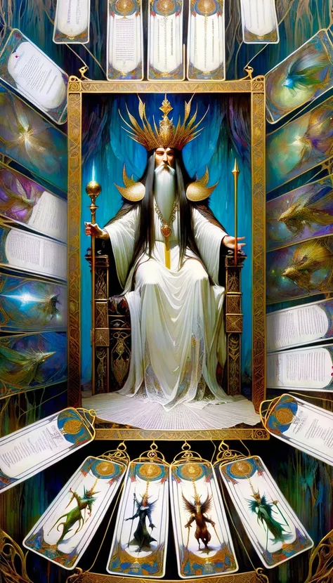 tarot card, the emperor, woman between two columns, one white column and one black column, FULL frames of tarot cards ((text on card: "EL EMPERADOR")) (by Brian Froud and Carne Griffiths and Wadim Kashin, intricate details, oil paint)
