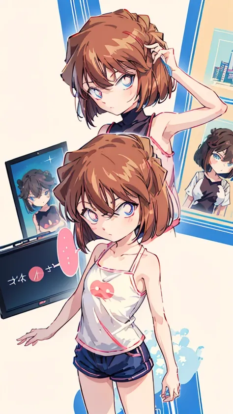 anime style, (1girl in, Solo:1.0), (Haibara Ai), ((Short pants)), (((Big eyes))), (Cute anime girl head), (flat chest),looking at viewer,With a height of 100cm, shoot from front, (head shot), Simple line minimalism, Abstract Art, City background, anime ope...