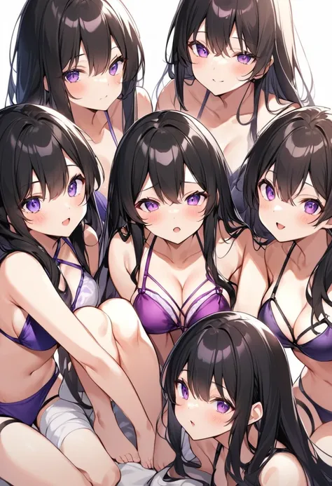 Wearing a purple bikini、barefoot。hair is black、Purple eyes。Breasts are K cup。The skin is white and、Long hair。Has one brother and one sister。My sister has an E cup。All of them have black hair。6 siblings。It&#39;s like diving into the ocean and looking at the...