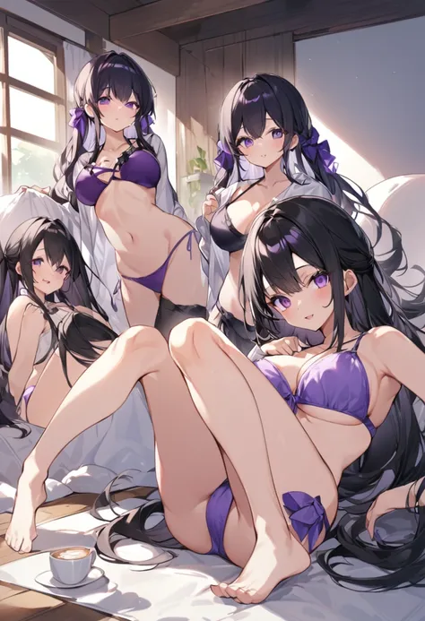 Wearing a purple bikini、barefoot。hair is black、Purple eyes。Breasts are K cup。The skin is white and、Long hair。Has one brother and one sister。My sister has an E cup。All of them have black hair。6 siblings。It&#39;s like diving into the ocean and looking at the...