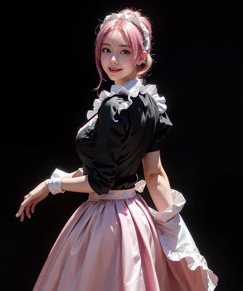 a beautiful girl,pink hair,back pose,looking at to the viewer,(Very Detailed: 1.3),ultra realistic,HDR,(High Dynamic Range),8K RAW,(((1GIRL))),(((wearing maid dress))),smile face,(((black background))),masterpiece,best quality,perfect proportions