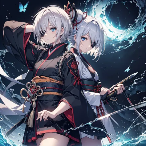 (((1 person　Put on an eye patch　Gray Hair)))　((High resolution　short hair　Black kimono　Shoulder　knifeを胸の前で構える))　((Black Band　samurai　Lonely　despair　blue eyes　Close-up))　((Blue Butterfly　night　Japanese style　old　Shining Aura　garden　water surface　Catch the w...