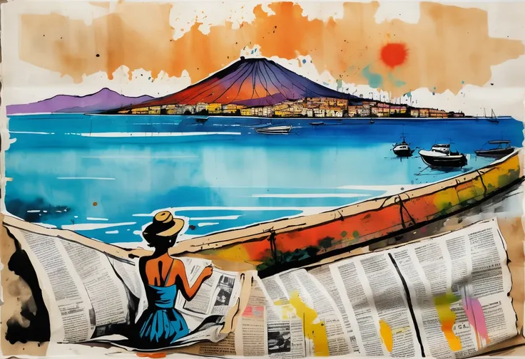 (ink on newspaper in the style of Loui Jover:1.5), NAPLES LANDSCAPE, VESUVIO, SEA, sofia loren naples gulf, Envision an art movement inner thoughts and emotions as vibrant, shifting patterns of color and light
