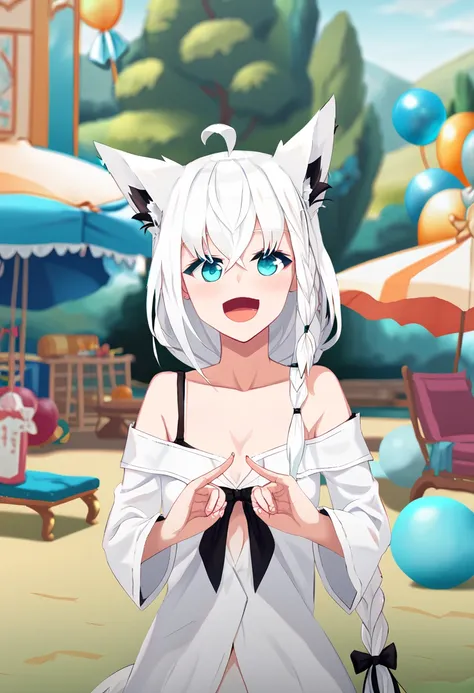 {{{shirakami_fubuki}}}, fox girl, white hair,braid, ahoge, animal ear fluff, aqua eyes, black ribbon, white shirt, off shoulder