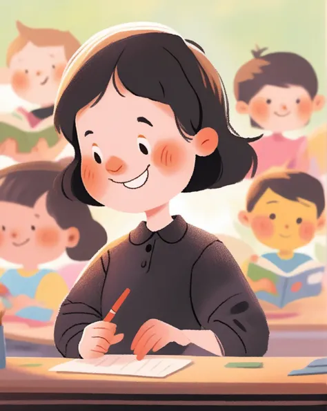 childrens picture books,crayon paintings, blushes, woman , black, short hair, dress, black shirt, smirky smile