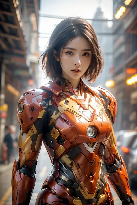 a girl wearing red iron man armor，exposing sexy belly,((cowboy shot))，looking at the camera，detailed facial features, beautiful ...