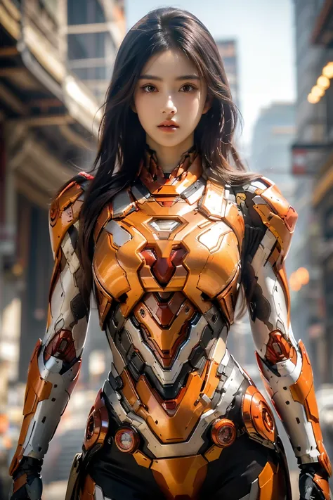 a girl wearing red iron man armor，exposing sexy belly,((cowboy shot))，looking at the camera，detailed facial features, beautiful ...