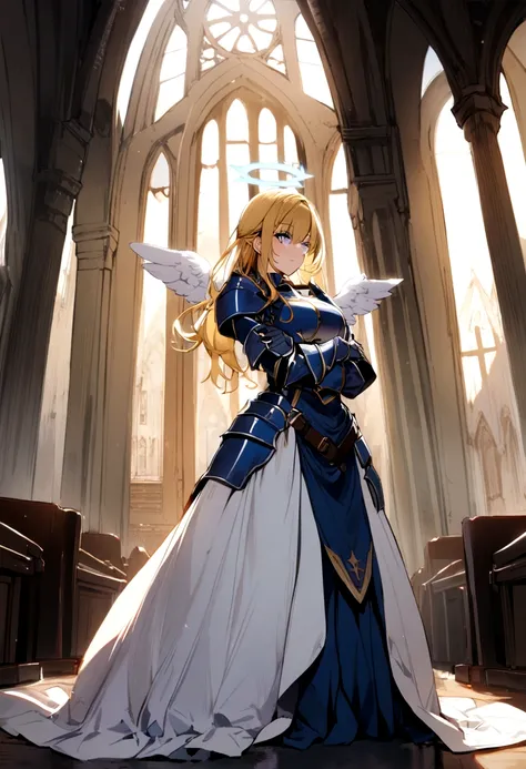 1girl, blue military uniform, long skirt, blond hair, church background, angel halo, knights armor