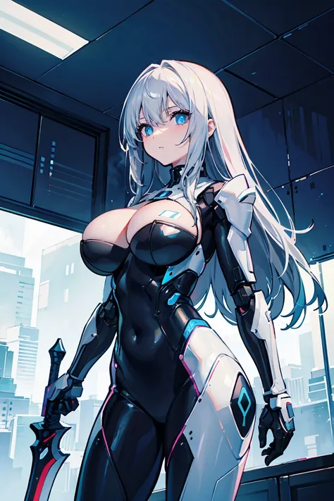 One girl, Cowboy Shot, (Condescending Eyes),Has a huge sword, Surreal, Detailed anime faces, White Armor, Female robot suit, Mask with V-shaped corners,  Cybernetic Techwear, Huge additional booster, Dark Eye, Sleek design, Dark fantasy, Futuristic Environ...