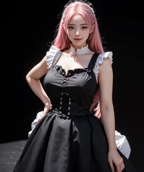 a beautiful girl,pink hair,back pose,looking at to the viewer,(Very Detailed: 1.3),ultra realistic,HDR,(High Dynamic Range),8K RAW,(((1GIRL))),(((wearing maid dress))),smile face,(((black background))),masterpiece,best quality,perfect proportions