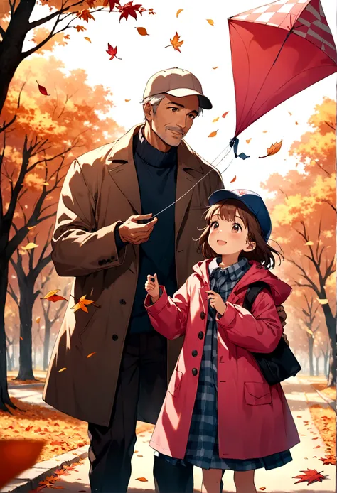 Father and Daughter, A heartwarming scene of a father figure and a child in an autumnal park. A gentle man with gray stubble, in a checkered coat and cap, teaches a jubilant girl in a pink raincoat to fly a kite. Their cheerful expressions and colorful clo...