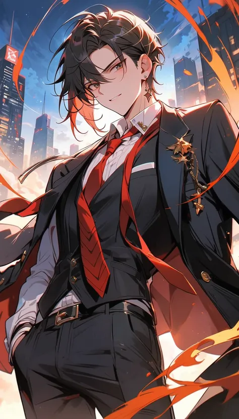 (masterpiece, Highest quality), Yishang_edge, Default_Costume, One boy, alone, Red tie, Black jacket, Black vest, Jacket on shoulders, White shirt, Collared shirt, Black trousers, View your viewers, city, night, From below