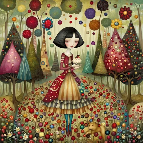 Patchwork by Klimt, Nicoletta Ceccoli, Naoto Hattori, Lawrence Didier, Leonora Carrington of European Woman with short black hair and a long wide skirt,  walks in beautiful forest with strangely shaped trees of many colors, holds flowers and berries in his...