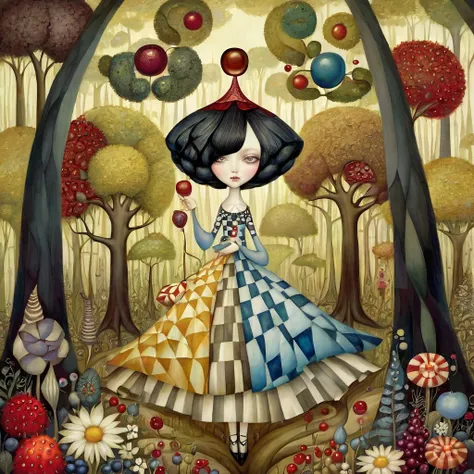 patchwork by klimt, nicoletta ceccoli, naoto hattori, lawrence didier, leonora carrington of european woman with short black hai...