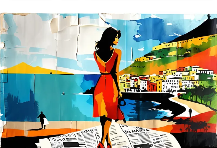 (ink on newspaper in the style of Loui Jover:1.5), NAPLES LANDSCAPE, VESUVIO, SEA, sofia loren, Envision an art movement inner thoughts and emotions as vibrant, shifting patterns of color and light
