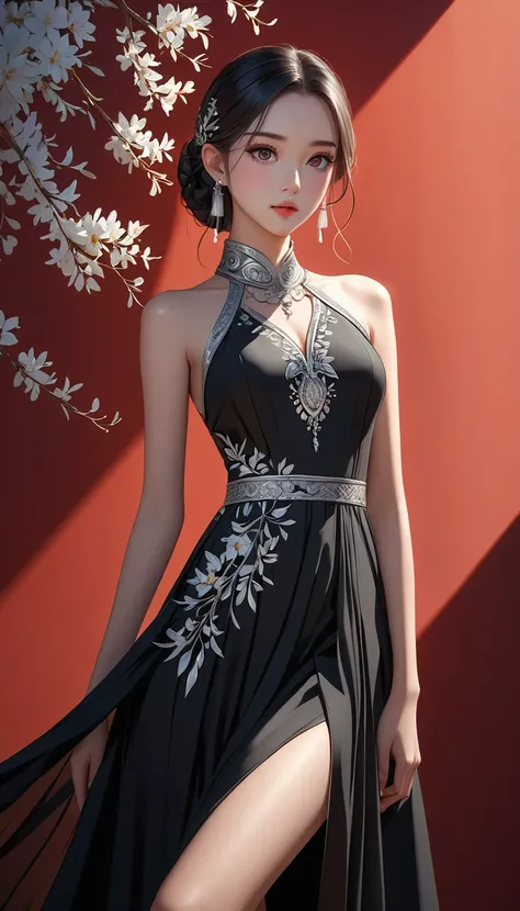 (masterpiece，high quality，8K).beautiful girl，Ethnic evening dress：1.5.Skin details，Bright Eyes，Thick eyelashes，Unique，Staring at the audience），（High collar sleeveless black maxi dress，Long legs，seedling：1.5，Silver jewelry：1.2，silver tassel：1.37，）。Light and...