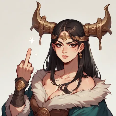 I want a personal photo of a beautiful cat with majestic and very strong Asian features, a Viking warrior, making a cursing motion with her middle finger, in high quality, in an anime style, with beautiful colors..