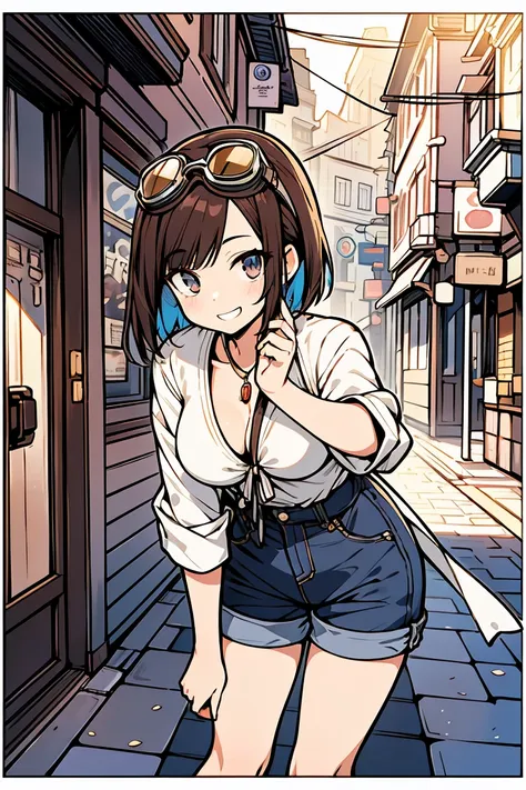 (1 personのドワーフの女の子), (1 person), Holding my knees, (super high quality), masterpiece, Open-necked clothing, Wear goggles on your head, (Brown Hair Color), (Colorful colors), Casual Scene, She is wearing fashionable clothes, Shorts, Street atmosphere, Perfe...