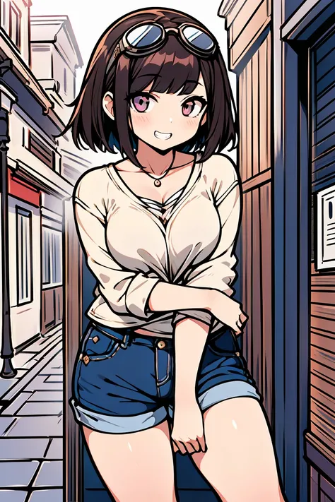 (1 personのドワーフの女の子), (1 person), Holding my knees, (super high quality), masterpiece, Open-necked clothing, Wear goggles on your head, (Brown Hair Color), (Colorful colors), Casual Scene, She is wearing fashionable clothes, Shorts, Street atmosphere, Perfe...