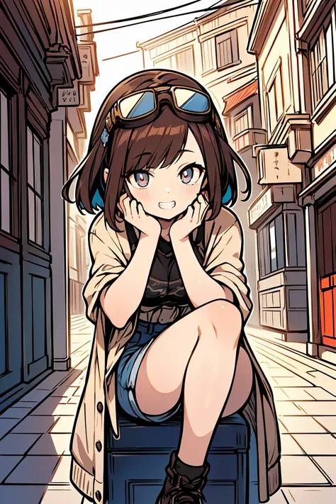 (1 personのドワーフの女の子), (1 person), Holding my knees, (super high quality), masterpiece, Open-necked clothing, Wear goggles on your head, (Brown Hair Color), (Colorful colors), Casual Scene, She is wearing fashionable clothes, Shorts, Street atmosphere, Perfe...