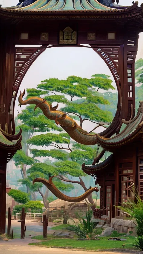 In a courtyard of the Tang Dynasty in China，An elderly man, 50 years old, was standing in his yard when he saw a dragon sticking its head into the gate.，Extremely scared，Facial distortion。