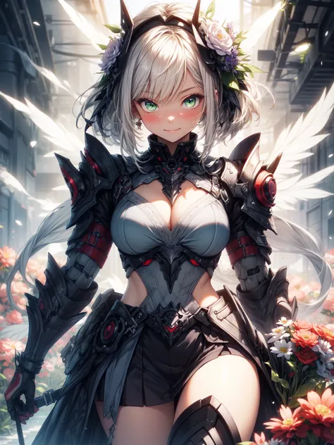 Be realistic，（masterpiece，Highest quality，Highest quality，Very detailed，Fractal Art，Most detailed，（Flower field background：1.5）（1 Girl），Kamimei，（Hair length），（Green eyes glow、your breasts will grow，Stunned)，crystallization，sexy、Machinery Armor、Sunburned sk...