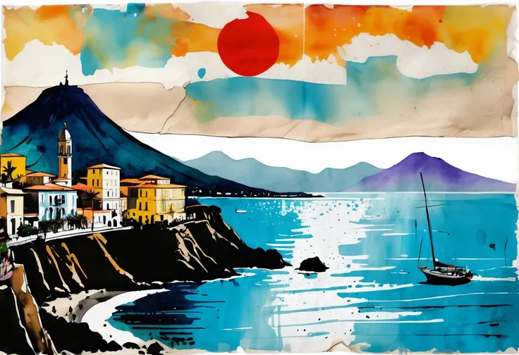 (ink on newspaper in the style of Loui Jover:1.5), NAPLES LANDSCAPE, VESUVIO, SEA, mermaid naples gulf, Envision an art movement inner thoughts and emotions as vibrant, shifting patterns of color and light
