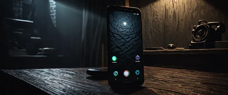 a ringing smartphone black screen on a table in a dark bedroom with out light, horror thriller ambient, HDR, moody dark palette colors, intricate detailed textures, dramatic lighting, photorealistic, cinematic composition, atmospheric, eerie,