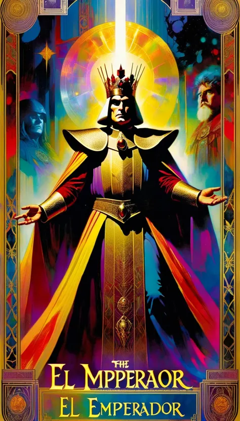 tarot card, the emperor,, FULL frames of tarot cards ((text on card: "EL EMPERADOR"))artwork by Bill Sienkiewicz, vivid colors, intricate details, oil.

