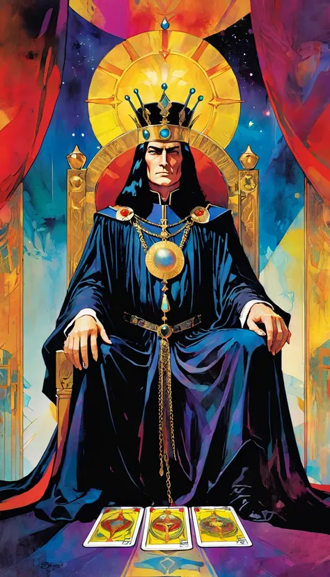 tarot card, the emperor,, FULL frames of tarot cards ((text on card: "EL EMPERADOR"))artwork by Bill Sienkiewicz, vivid colors, intricate details, oil.
