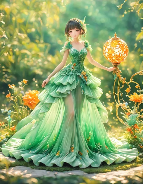 best quality, very good, 16K, ridiculous, Very detailed, charming((( Evening dress 1.3)))，Made of translucent jadeite, Background grassland（（A masterpiece full of fantasy elements）））， （（best quality））， （（Intricate details））（8K）