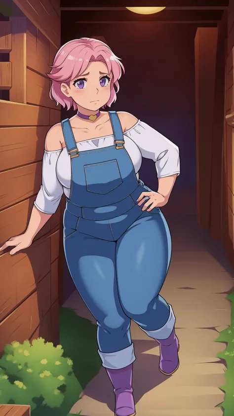 Slightly chubby, sad, farm backround, Full body, looking at viewer, 1girl, solo, short pink hair, (dark blue choker), (dark blue denim overalls), (purple eyes), (pink boots), (white shoulder lantern sleeve blouse, tucked in pants