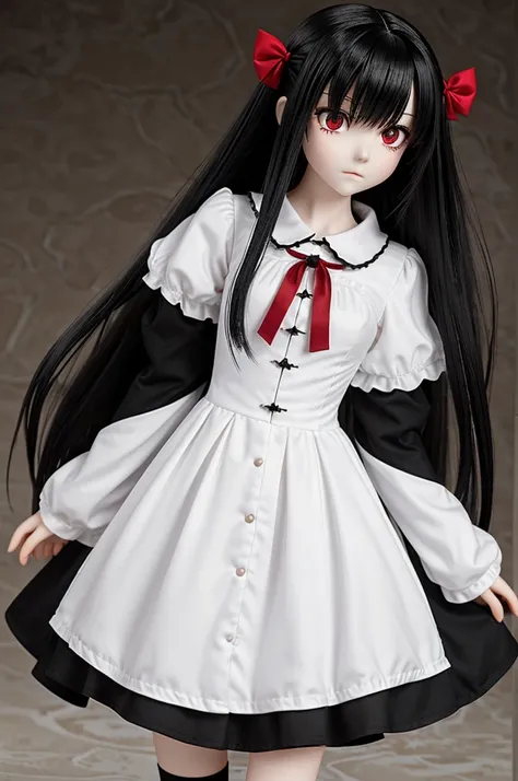 19 year old ghost girl nendoroid, long black hair some strands cover her face, crimson red eyes, baggy eyes, pale skin, She has a white medieval sleeve dress to the knees, long stockings with horizontal black stripes serious face big serious eyes, ligero r...