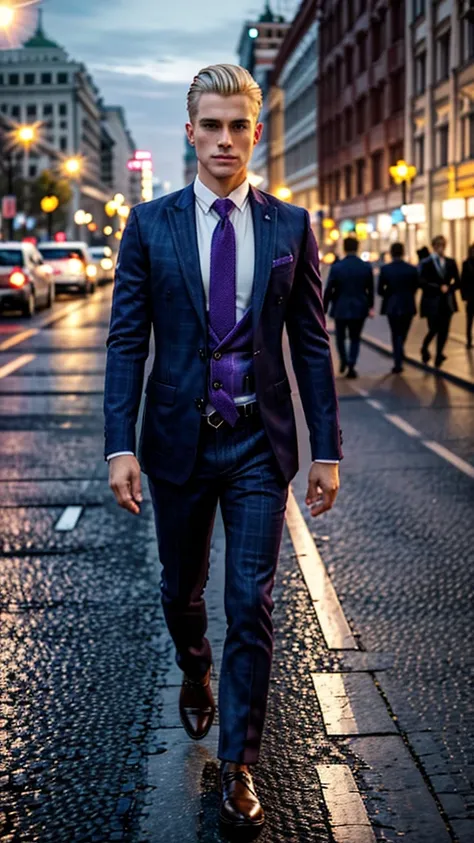 Ultra-realistic, cinematic, man, 29 years old, blond hair hair, side parted hairstyle , clean shaven, hourglass body type, wears navy blue blazer, lavender checked shirt, dark brown knitted tie , walks on street of Moscow, autumn, happy