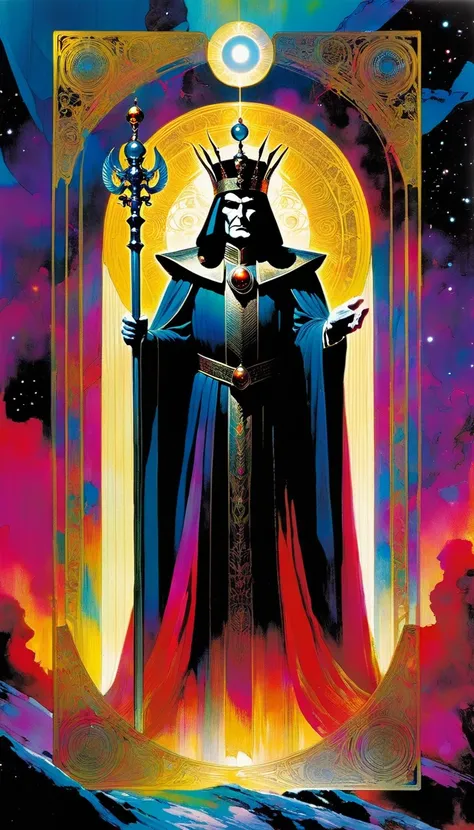 tarot card, the emperor, ((text on card: "EL EMPERADOR"))artwork by Bill Sienkiewicz, vivid colors, intricate details, oil.
