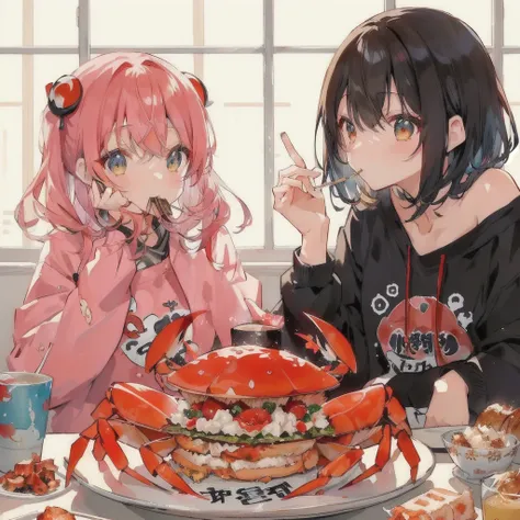 テーブルの上でサンドイッチとcrabの乗ったいちごのケーキを食べているアニメの女の子, Smoking a cigarette,Anime Food, headcrab, crabcore, ❤🔥🍄🌪, Anime Style 4k, Best anime 4k konachan wallpaper, at Pixiv, Anime Aesthetics, Anime Style, crab, Shirabii, Trending Anime Art, Pixiv, Cute Anime, Anime ar...