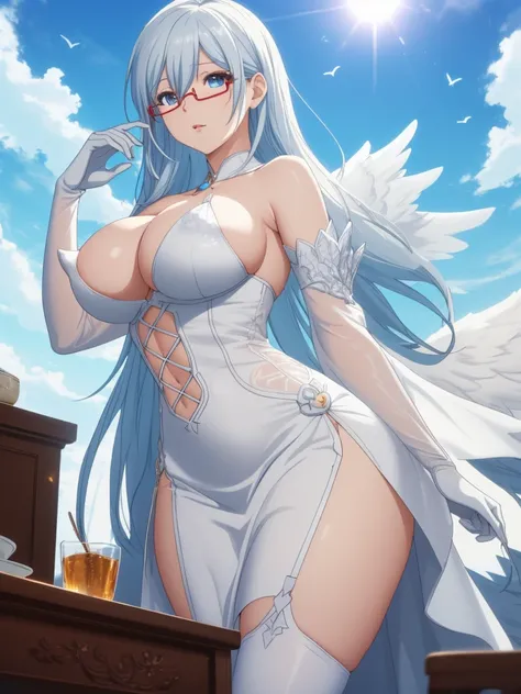 eleonora bonnefoy, sexy, (doggy style: 1.2), table top, (penetration: 1.2), silver hair, blue eyes, glamorous body, angel wings, (big breasts: 1.6), beautiful cleavage, (white elbow gloves), ((luxurious dress, pure white)), wide hips: 1.2, big ass: 1.3, (f...