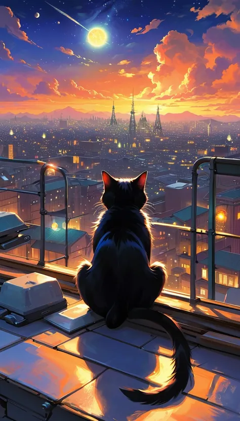 Anime paintings inspired by Makoto Shinkai、Space Art、A black cat sitting on the roof of a building and looking at the sky、mysterious、Fantasy、Meteors、Complex Light、Twinkling city lights、