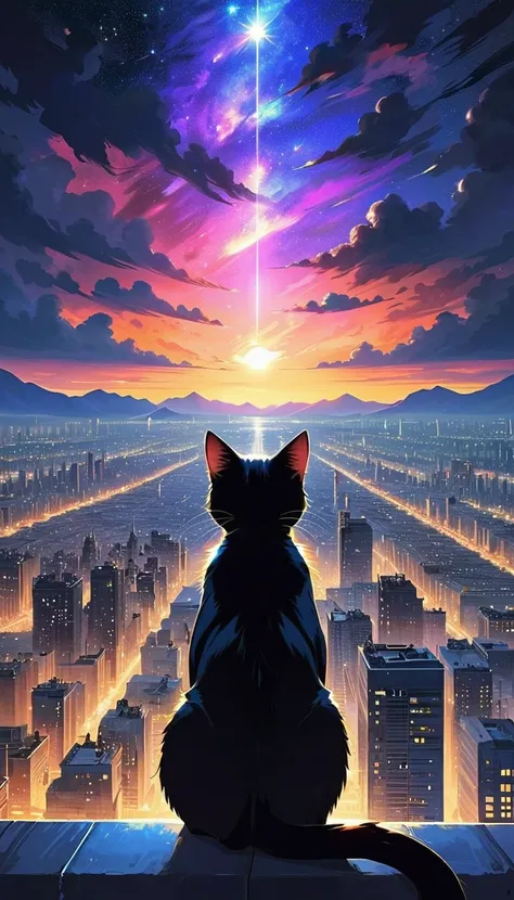 Anime paintings inspired by Makoto Shinkai、Space Art、A black cat sitting on the roof of a building and looking at the sky、mysterious、Fantasy、Meteors、Complex Light、Twinkling city lights、