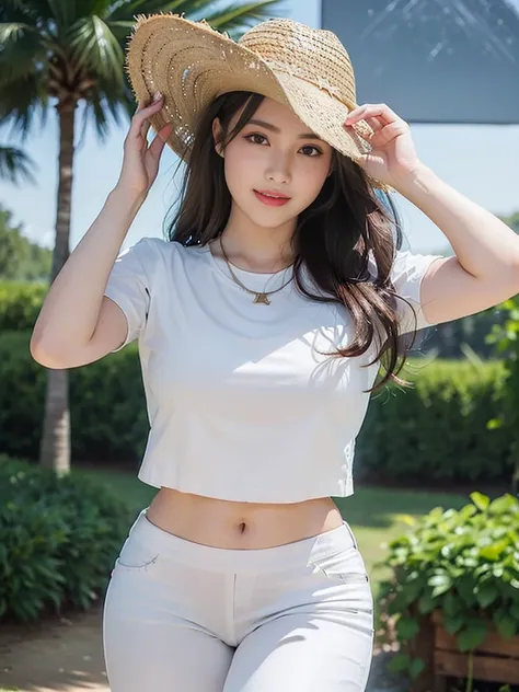 Look at this and smile、Colorful summer clothes、top quality、​masterpiece、超High resolution、(actual:1.4)、Very wide lens、close up、Young woman beautiful、Nice detailed eyes and skin、smile、Short brown hair haircut、bust、Small necklace、、straw fedora hat、、Summer sky...